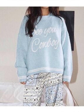 NEW BAILEY ROSE see you cowboy embroidered sweater in light blue